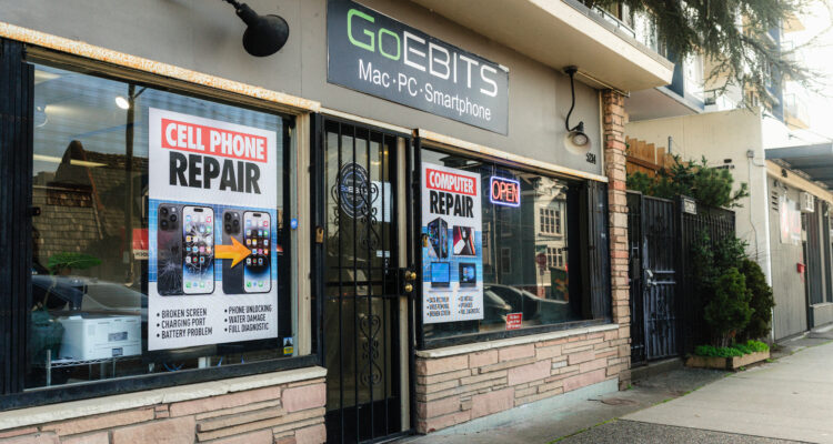 goebits retail storefront facade and sign that reads cell phone repair and copmuter repair in seattle near university district area